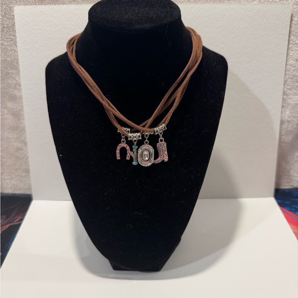 NWOT Chic Western Brown Faux Suede Layered Necklace with 4 Cowgirl Charms
